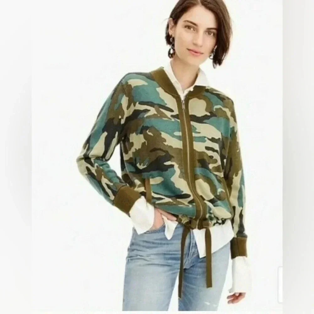 J. Crew Womens XS Green Camo Wool Blend Long Sleeves Full Zip Bomber Jacket NWT